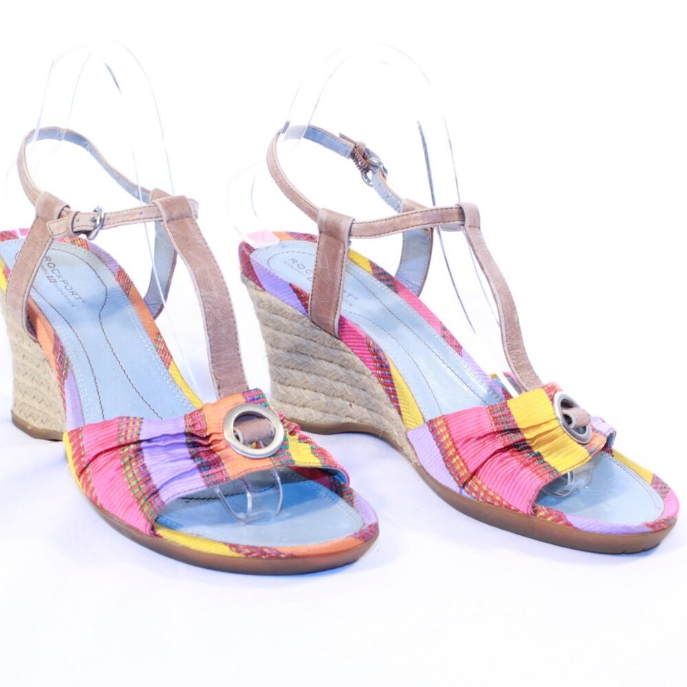 Rockport Size 8M Multi-Color Fabric T-Strap Espadrille Wedge Sandals - APW2528Y